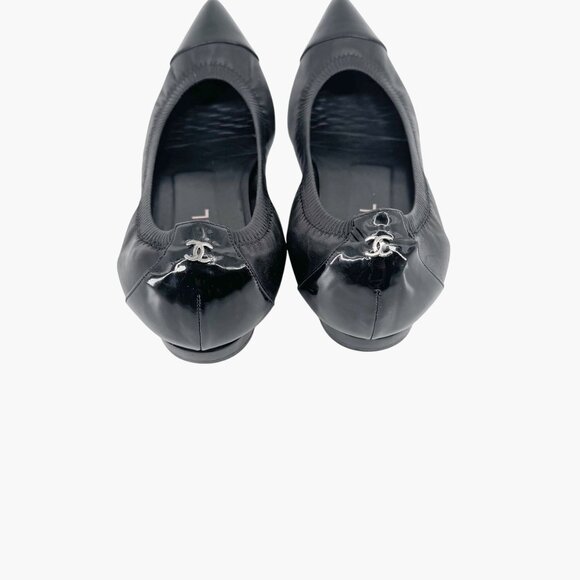 Chanel Cap Toe CC Ballet Flat Size 39 US 8-8.5 Black Pointed Toe Elastic Leather - Picture 7 of 15
